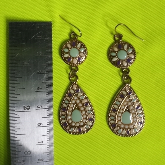 Multi color dangle wire teardrop enamel goldtone earrings - Picture 2 of 3